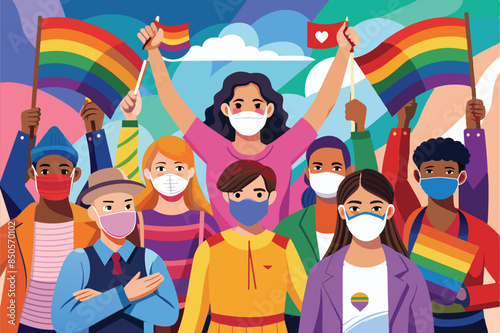 An illustration of a diverse group of people celebrating pride with rainbow flags, wearing face masks, Pride protest wearing face masks Customizable Flat Illustration