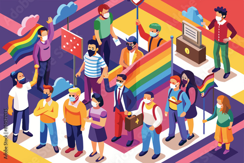An illustration of a pride protest with people wearing face masks, Pride protest wearing face masks Customizable Isometric Illustration