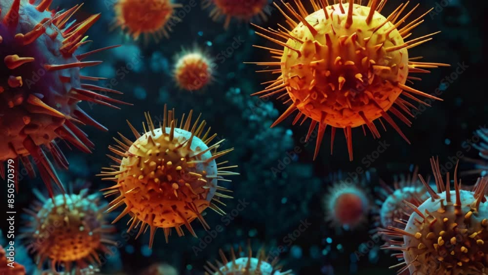 virus particles with spiky surfaces, vividly colored in shades of orange and blue floating in a dark, contrasting background virus particles with spiky surfaces, vividly colored in shades of orange and blue floating in a dark, contrasting background