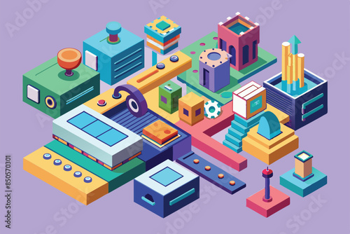 Colorful isometric art depicts product development stages with geometric shapes, showing progress and evolution, Product iteration Customizable Isometric Illustration