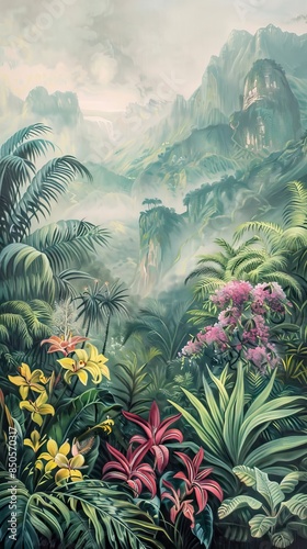 Colorful tropical rainforest. palm leaves and other plants. Aloha textile collection. Tropical forest with dense vegetation of trees, shrubs and vines. AI generated illustration