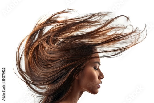 A woman's hair is blown by the wind as she stands or walks
