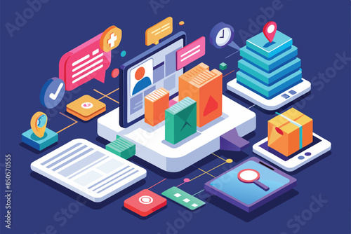 Isometric illustration of various mobile devices, showing how push notifications can be customized for different purposes, Push notifications Customizable Isometric Illustration