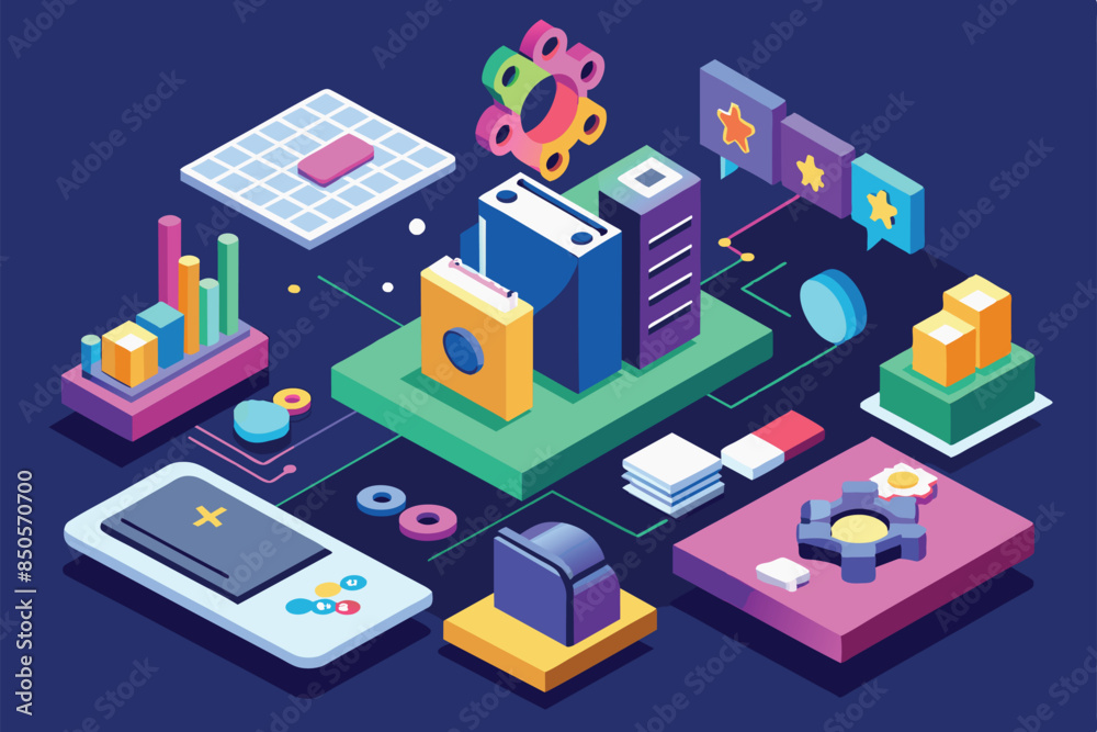 Isometric illustration depicting various aspects of a React development workflow, including code, data, and user feedback, React Customizable Isometric Illustration Isometric illustration depicting various aspects of a React development workflow, including code, data, and user feedback, React Customizable Isometric Illustration