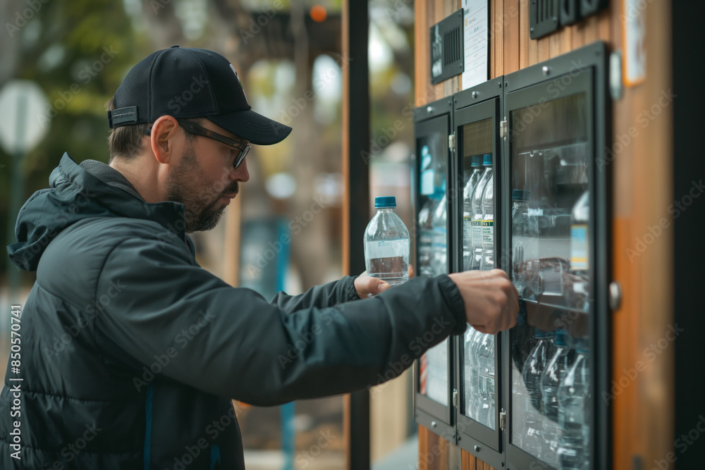 Next to a vending machine, a man is selecting a bottle of water from it, refilling his reusable water bottle. Ideal for promoting sustainable living and eco-friendly practices Next to a vending machine, a man is selecting a bottle of water from it, refilling his reusable water bottle. Ideal for promoting sustainable living and eco-friendly practices