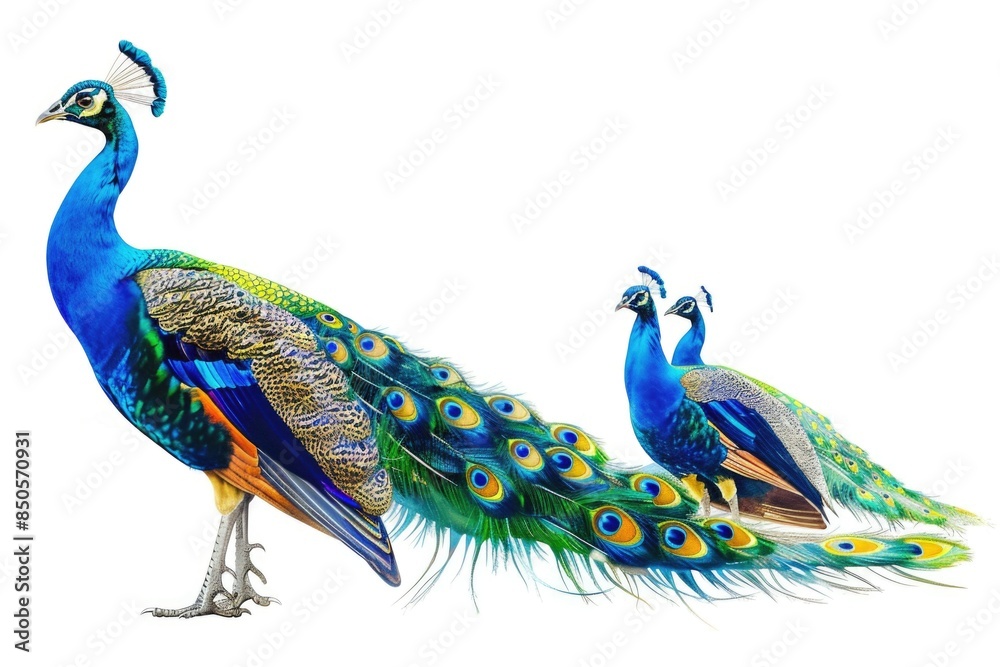 Fototapeta premium Two majestic peacocks pose side by side, showcasing their vibrant plumage and striking crests