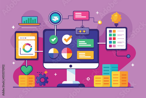 Illustrated computer screen with data visualizations, charts, and graphs, Real-time sync Customizable Disproportionate Illustration