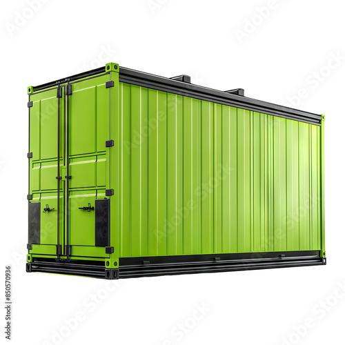 Bright green shipping container with black accents isolated on white background, perfect for storage, transport, and industrial purposes. © PTC_KICKCAT