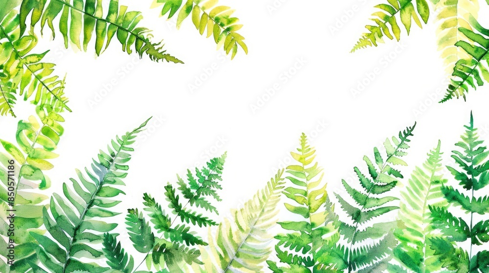 Watercolor illustration of various ferns and leaves in a lush green environment Watercolor illustration of various ferns and leaves in a lush green environment
