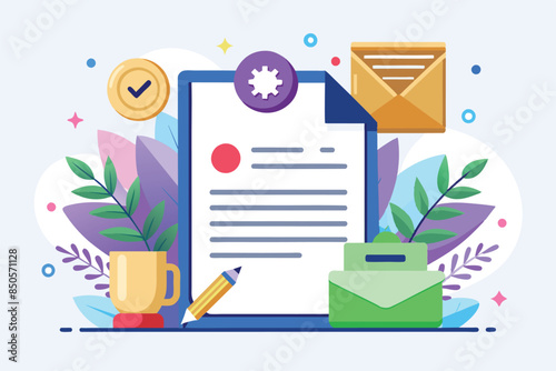 Flat illustration of a recommendation letter with a pencil, envelope, and a cup of coffee, Recommendation letter Customizable Flat Illustration