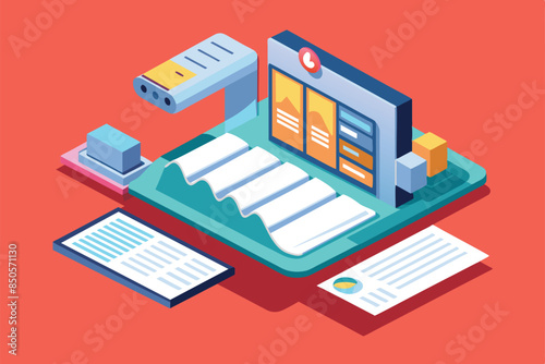 Isometric illustration depicting a receipt design template with a customizable layout, Receipt Customizable Isometric Illustration