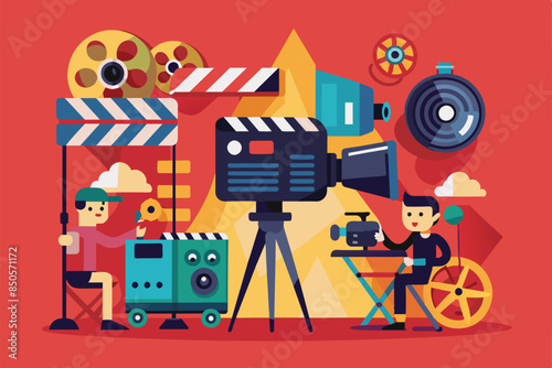 Flat illustration depicting two film crew members recording a movie scene with cameras, Recording a movie Customizable Flat Illustration