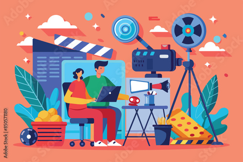 Two people work on a laptop in a movie studio setting, Recording a movie Customizable Flat Illustration