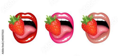 Beautiful sexy plump glossy female lips with tongue holds strawberry, red, pink and beige nude colors. Set of isolated vector illustrations on transparent background