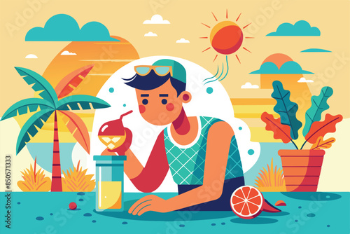 A man relaxes on a beach with a refreshing drink, taking a break from the summer heat, Refreshing from summer heat Customizable Semi Flat Illustration