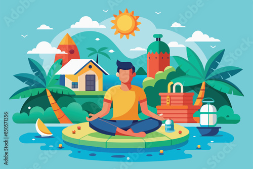 Illustration of a man meditating on a platform surrounded by lush greenery, water, and a tropical landscape, Relaxation Customizable Disproportionate Illustration