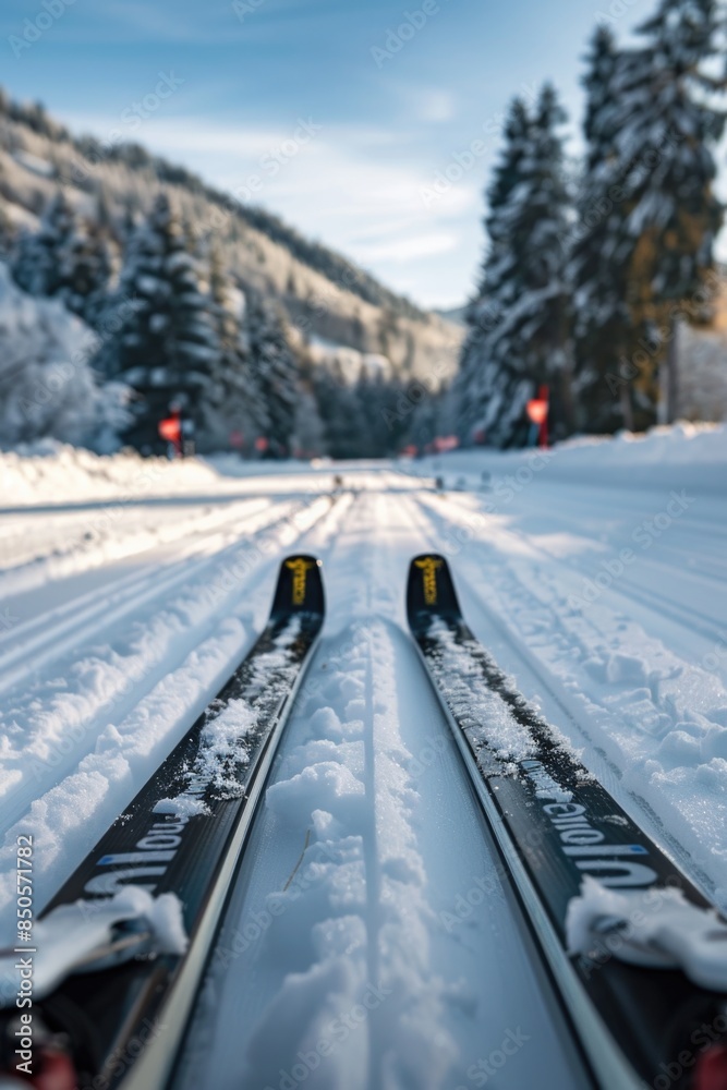 Pair of skis resting on snowy mountain slope with trees in the background Pair of skis resting on snowy mountain slope with trees in the background