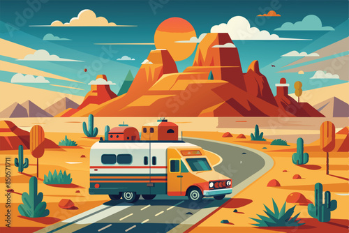 A camper van drives on a scenic road through a desert landscape with mountains and cacti, Road trip Customizable Semi Flat Illustration