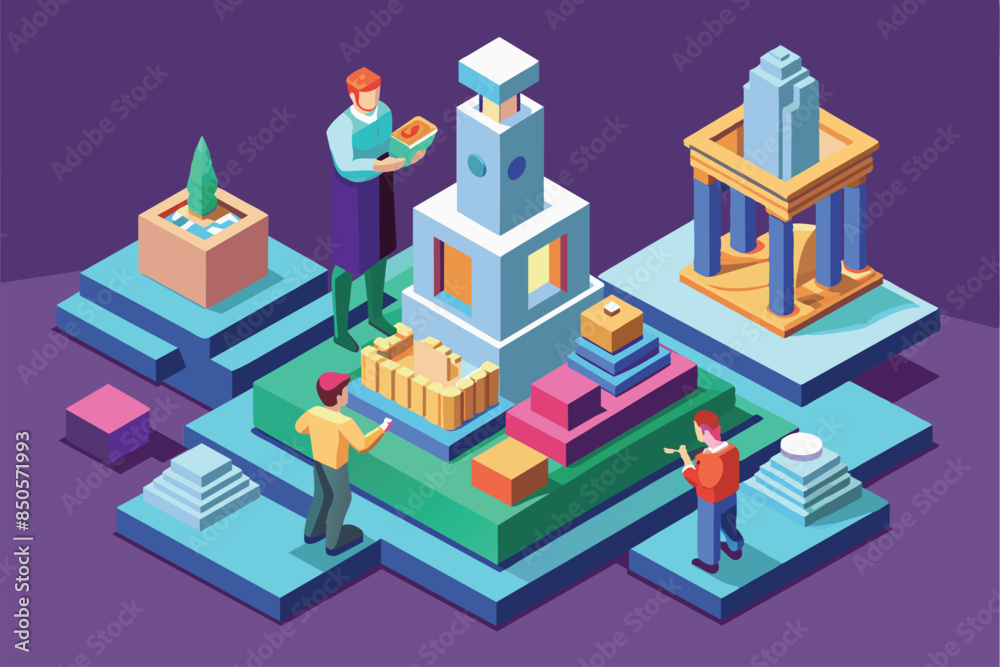 Fototapeta premium Three people are standing on a platform and constructing a large, complex sculpture, Sculpting Customizable Isometric Illustration