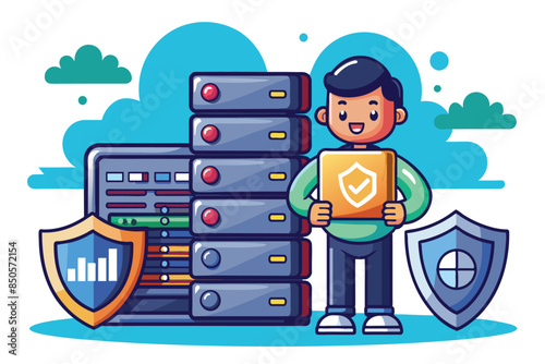A cartoon illustration depicting a happy person holding a secure package in front of a customizable server rack, Secure server Customizable Cartoon Illustration