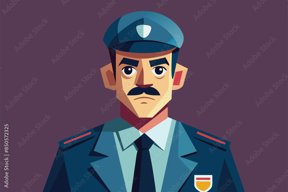 A digital illustration of a security guard with a stern expression, wearing a blue uniform and a cap, Security on Customizable Disproportionate Illustration A digital illustration of a security guard with a stern expression, wearing a blue uniform and a cap, Security on Customizable Disproportionate Illustration