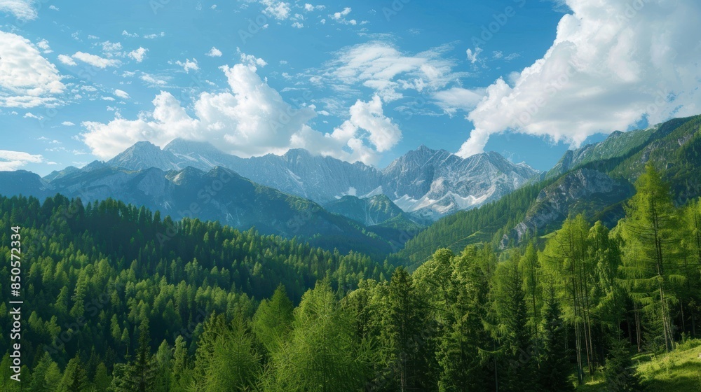 The mountains are covered in lush green trees and the sky is clear and blue