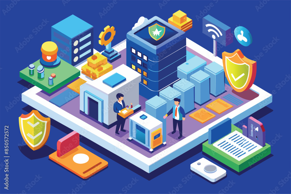 An isometric illustration depicting a data center with servers, network ...