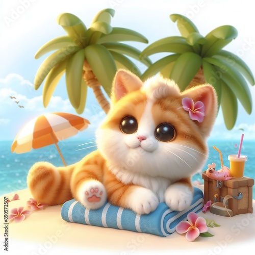 A cute cartoon cat is lying on a beach towel under palm trees