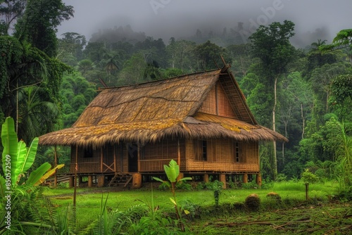 A small house surrounded by trees in a dense forest