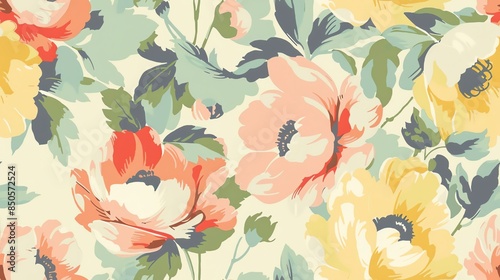 Vintage-inspired floral pattern with large blooms in pastel colors
