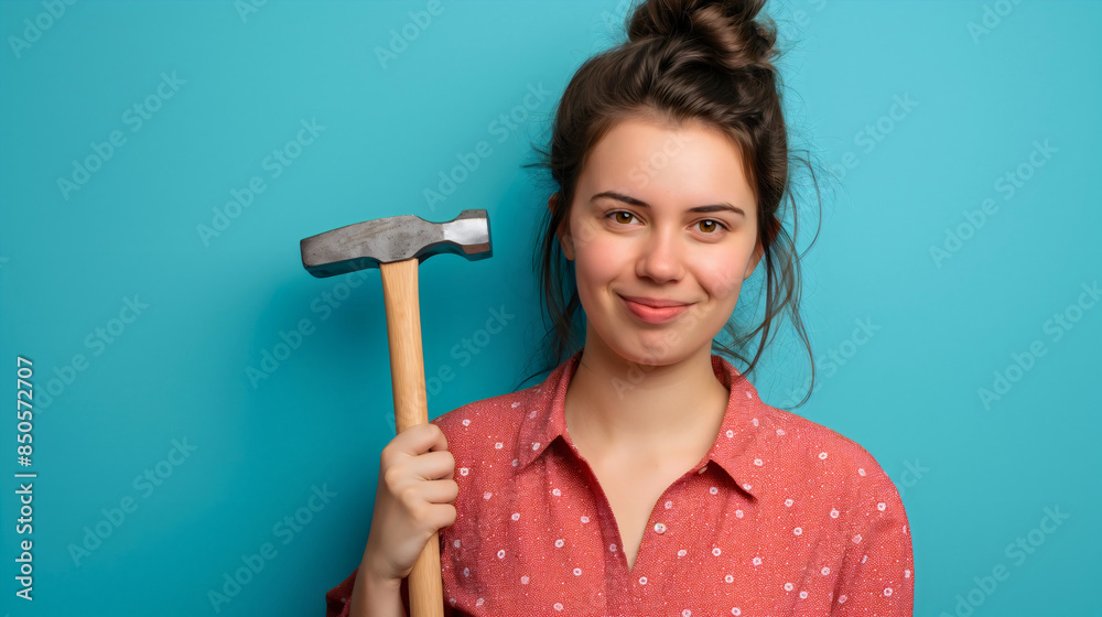 Portrait of young woman holding a hammer, studio shot, copy space. Professional workshop tool, craft hobby equipment, artisan, female worker, repair Portrait of young woman holding a hammer, studio shot, copy space. Professional workshop tool, craft hobby equipment, artisan, female worker, repair