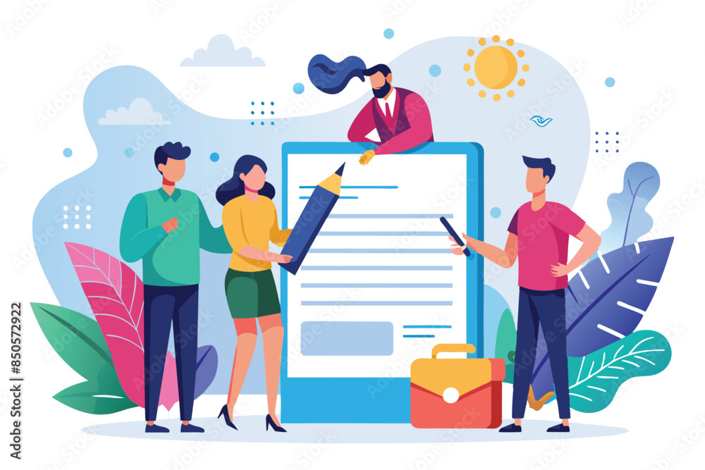 Illustration of four people signing a contract on a tablet device outdoors, Signing a contract Customizable Flat Illustration Illustration of four people signing a contract on a tablet device outdoors, Signing a contract Customizable Flat Illustration