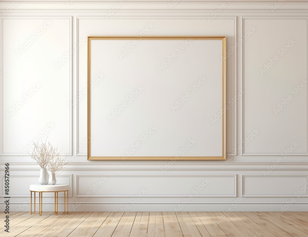 Fototapeta premium Minimalist interior design featuring a blank gold frame on a white wall with a decorative table and vases