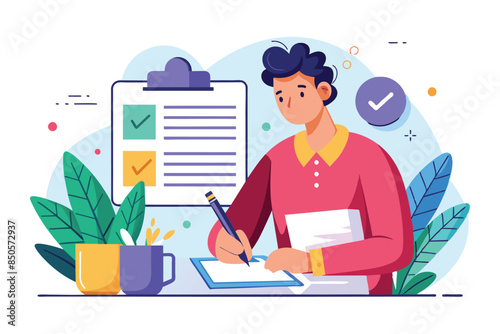 Illustration of a man signing a contract while checking off items on a checklist, Signing a contract Customizable Semi Flat Illustration