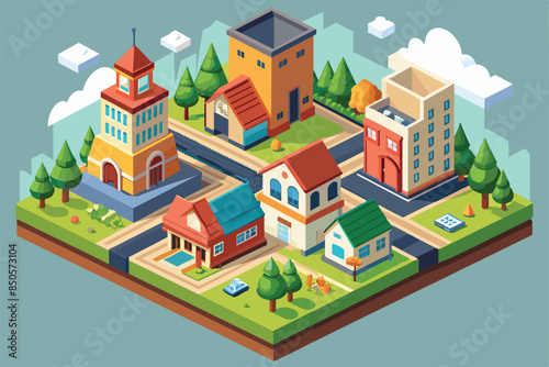 A charming, isometric illustration of a small town with detailed buildings, trees, and other elements, Small town Customizable Isometric Illustration