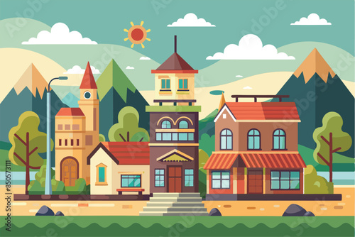 A colorful, flat illustration depicting a small town with a church, houses, and mountains in the background, Small town Customizable Semi Flat Illustration