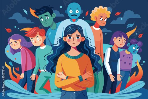 A confident woman in front of a group with social anxiety symptoms, Social anxiety Customizable Disproportionate Illustration