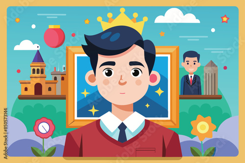 A cartoon illustration depicting a man wearing a golden crown, set against a backdrop of a night sky with stars, Social biography Customizable Cartoon Illustration