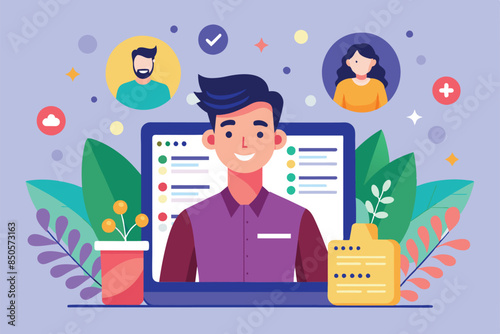 Illustration of a man smiling at camera on laptop screen with customizable biography, Social biography Customizable Flat Illustration