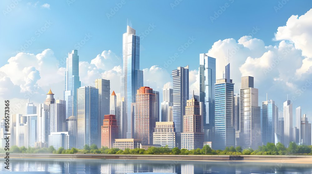 Fototapeta premium Background of a modern city skyline with skyscrapers and urban architecture