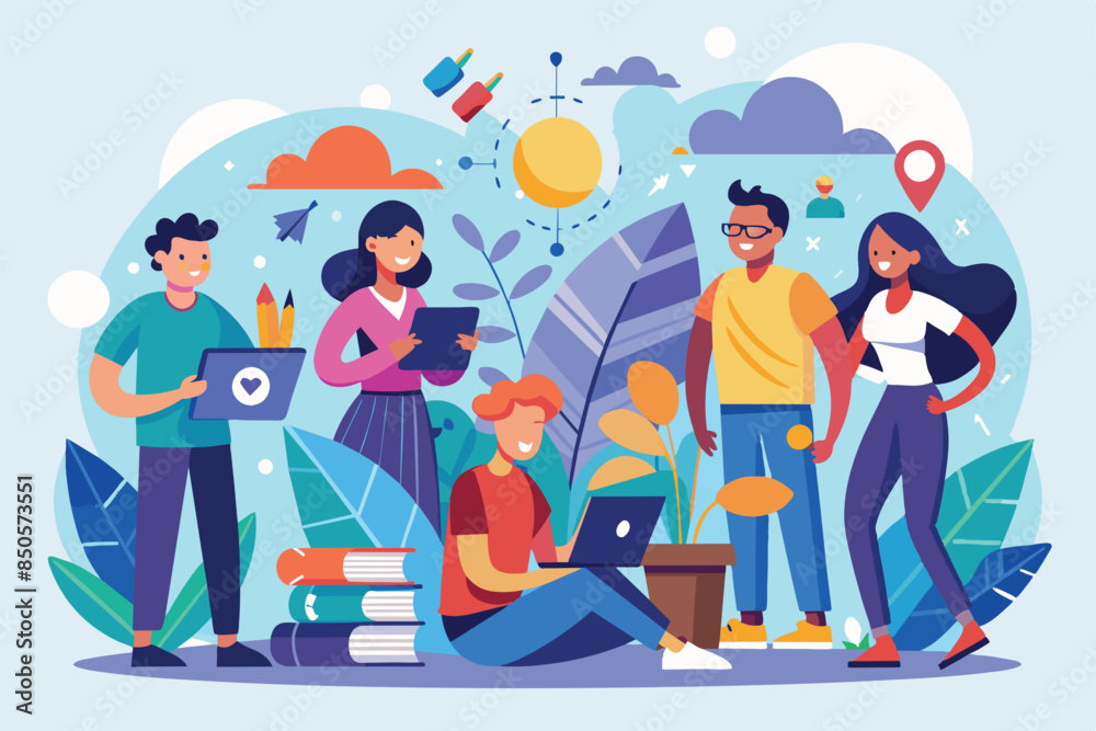 Four friends enjoy a sunny day outdoors, using their devices and interacting with each other, Social interaction Customizable Semi Flat Illustration Four friends enjoy a sunny day outdoors, using their devices and interacting with each other, Social interaction Customizable Semi Flat Illustration