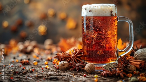 Beer with spices Beer glass with a variety of spices scattered around photo