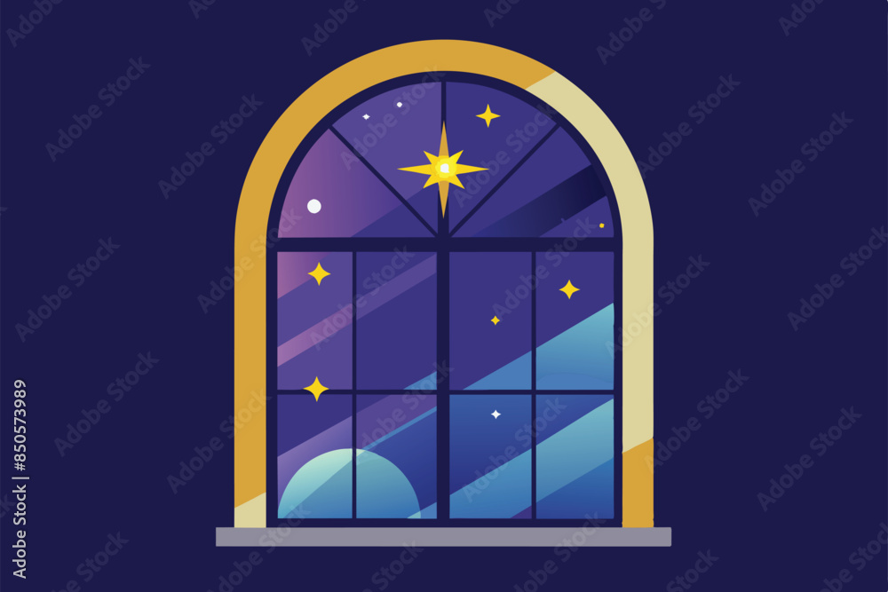 Illustration of window with arched top, view of starry night sky with bright star and crescent moon, Starry window Customizable Semi Flat Illustration Illustration of window with arched top, view of starry night sky with bright star and crescent moon, Starry window Customizable Semi Flat Illustration