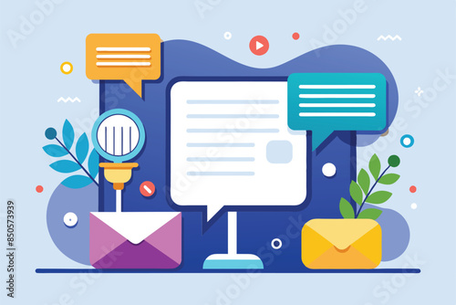 A colorful flat illustration depicting customizable speech to text, featuring a message, two envelopes, and a microphone, Speech to text Customizable Flat Illustration