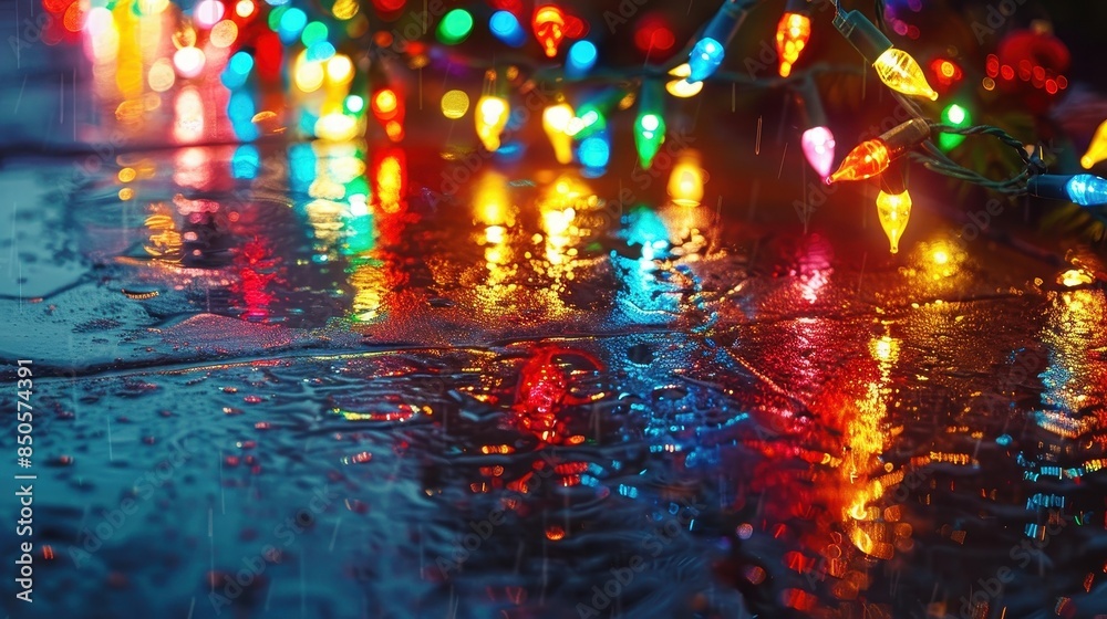 Colorful string lights reflected in a puddle of water, creating a festive and abstract image. Colorful string lights reflected in a puddle of water, creating a festive and abstract image.