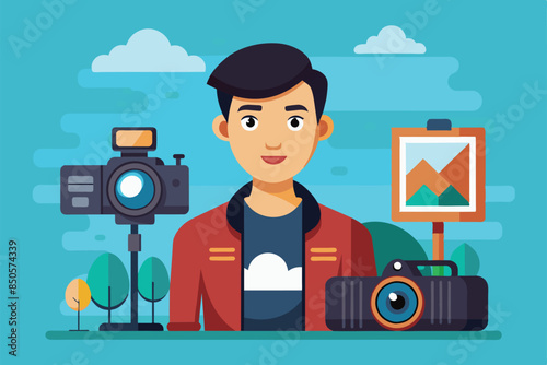 Illustration of a smiling photographer with two cameras, one on a tripod, and a photo of a landscape, Studio photographer Customizable Semi Flat Illustration