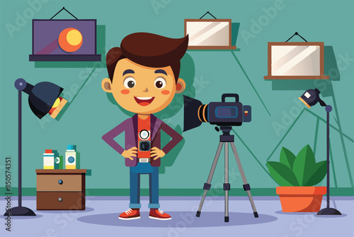 A cartoon boy stands in a studio setting, holding a camera, Studio photographer Customizable Cartoon Illustration
