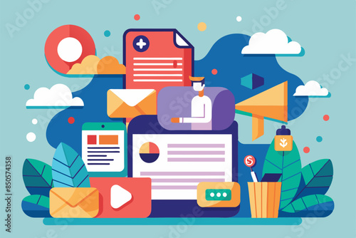 Flat illustration of customizable subscription plans with a man, marketing tools, and clouds, Subscriptions Customizable Flat Illustration