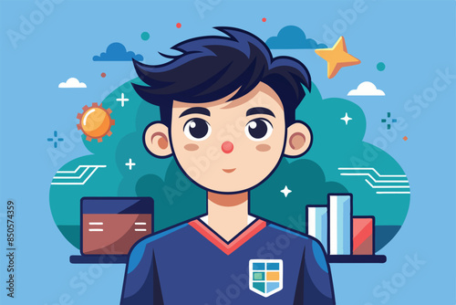A cartoon man smiles, customizing subscription options with a cloud and sunshine background, Subscriptions Customizable Cartoon Illustration
