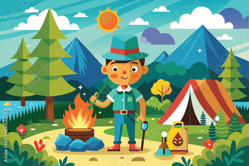 A cartoon illustration of a boy wearing a hat and a green shirt standing near a campfire at summer camp, Summer camp Customizable Cartoon Illustration